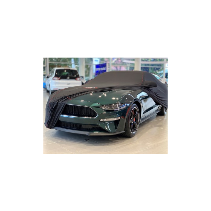 Ford Mustang (03/2015 - ..) beschermhoes Premium zwart met rode bies, witte Ford ovaal en Ford Performance logo