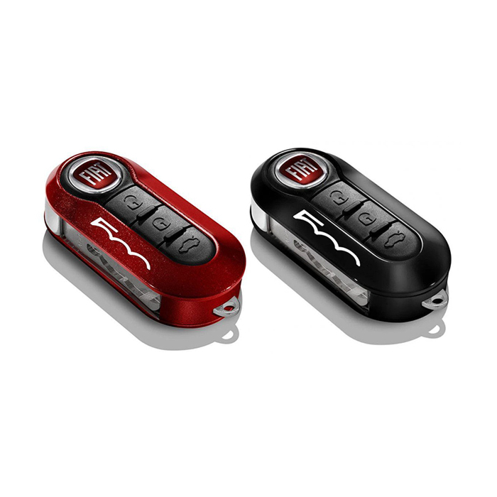 Fiat 500 sleutelbehuizingen metallic rood en pastel zwart met 500 logo