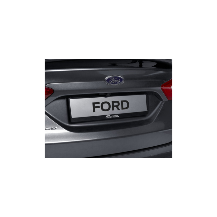 Ford license plate holder black, with blue Ford oval and white "BRING ON TOMORROW" inscription