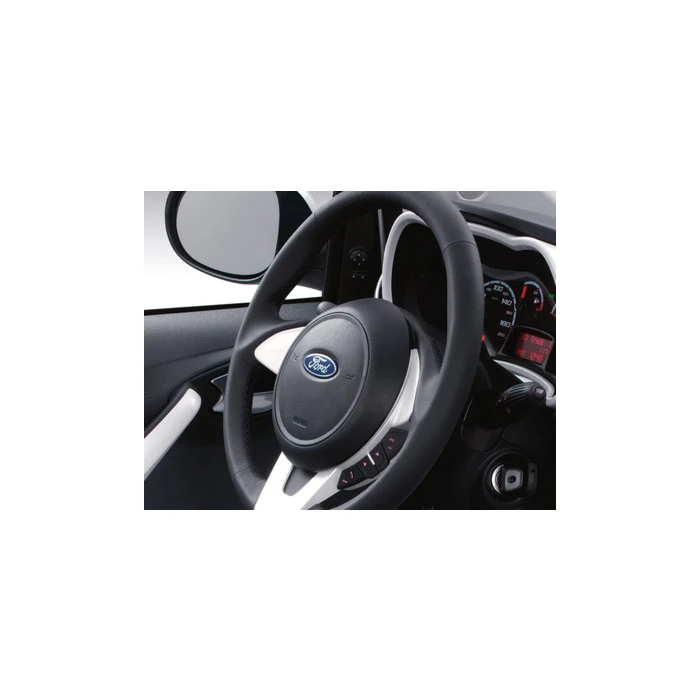 Ford Ka (05/2014 - 05/2016) lederen stuurwiel zwart met rand in Pearl White en witte stiksels Ford Ka (05/2014 - 05/2016) lederen stuurwiel zwart met rand in Pearl White en witte stiksels