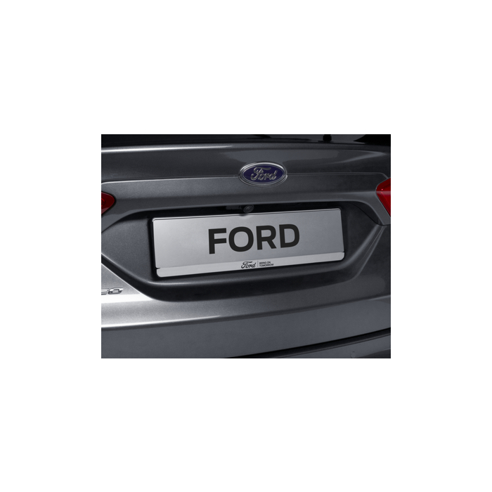 Ford license plate holder silver, with blue Ford oval and black "BRING ON TOMORROW" inscription