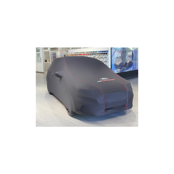 Ford Fiesta (07/2017 - 2023) beschermhoes Premium zwart met rode bies, witte Ford ovaal en Ford Performance logo