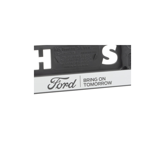 Ford license plate holder silver, with blue Ford oval and black "BRING ON TOMORROW" inscription
