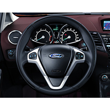 Ford Fiesta (09/2008 - 06/2017) lederen stuurwiel zwart met zilveren rand en blauwe stiknaden