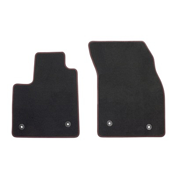 Ford Focus (04/2018 - 06/2020) vloermatten velours Premium voor, zwart met rode stiksels (alleen handgeschakeld, behalve ST)